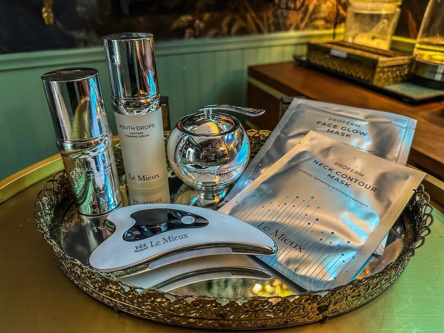 facial care products on vintage tray